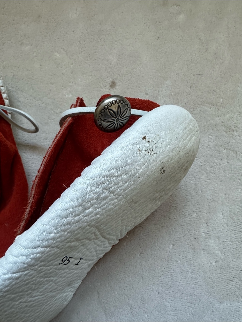 Rust Red Suede Moccasin Flats with White Lacing - Picture 3 of 13
